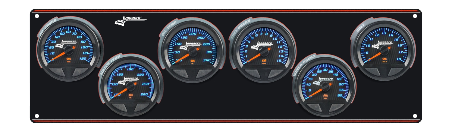 SMi™ Elite Waterproof Gauge Panel from Longacre,  6 Gauge Oil Pressure/Water Temperature/Oil Temperature/Fuel Pressure/Water Pressure/Volt