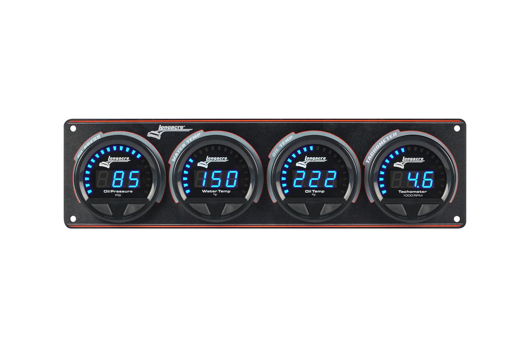 Digital Elite LED Waterproof Gauge Panel from Longacre,  3 Gauge Oil Pressure/Water Temperature/Oil Temperature/Tach