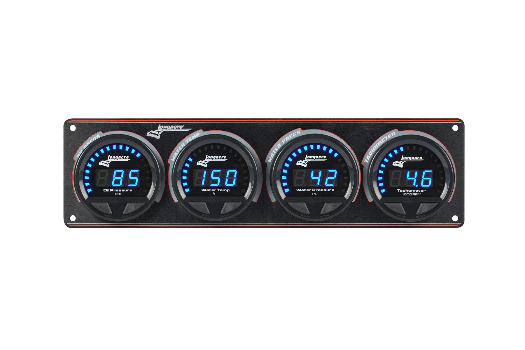 Digital Elite LED Waterproof Gauge Panel from Longacre,  3 Gauge Oil Pressure/Water Temperature/Water Pressure/Tach