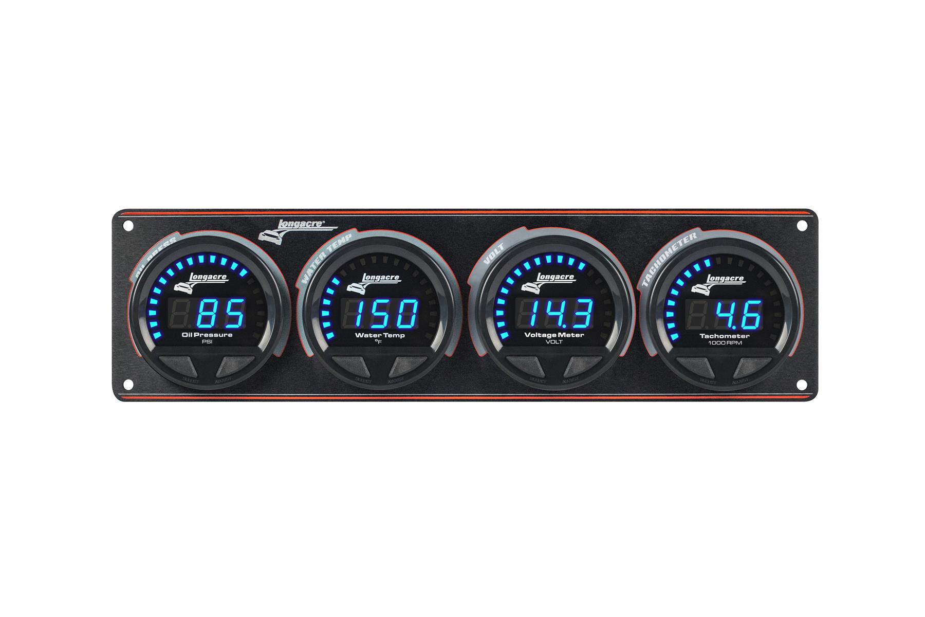 Digital Elite LED Waterproof Gauge Panel from Longacre,  3 Gauge Oil Pressure/Water Temperature/Volt/Tach