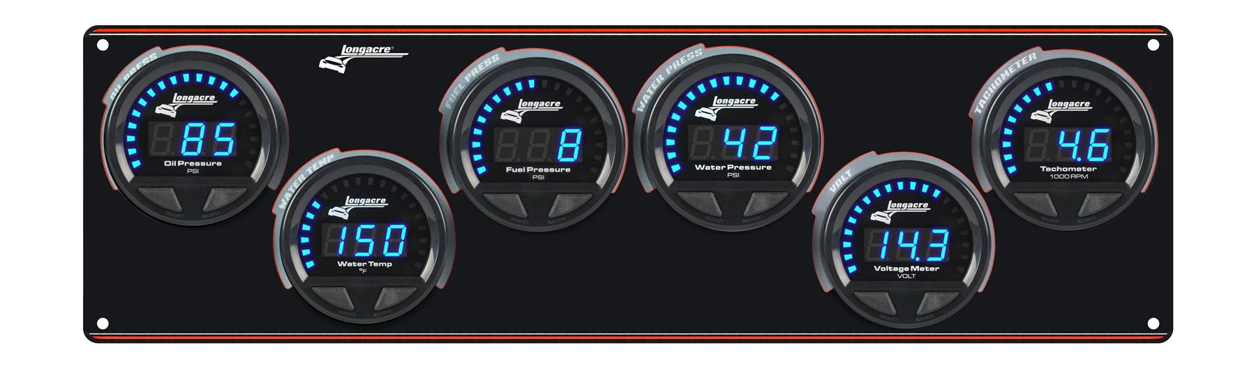 Digital Elite LED Waterproof Gauge Panel from Longacre,  5 Gauge Oil Pressure/Water Temperature/Fuel Pressure/Water Pressure/Volt/Tach